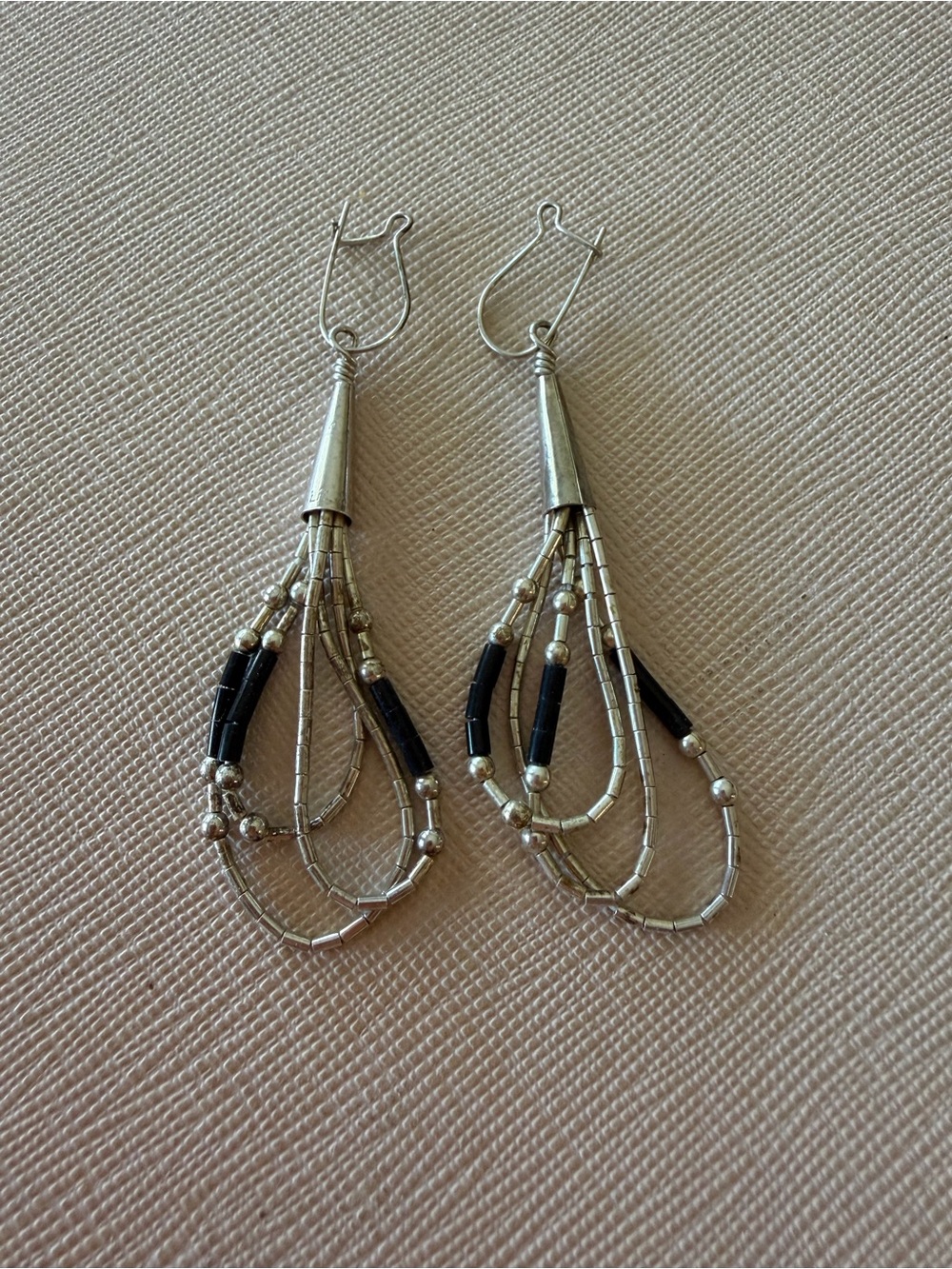 Vintage Native American Liquid Sterling Silver Onyx Heishi Bead Earrings